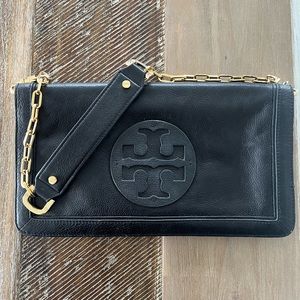 Tory Burch Black Leather Reva Flap Shoulder Bag